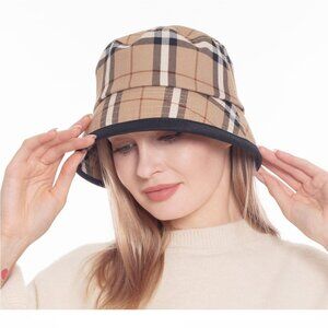 Tan Khaki Haymarket Plaid Bucket Hat Women Fisherman Durable Fabric Black Trim